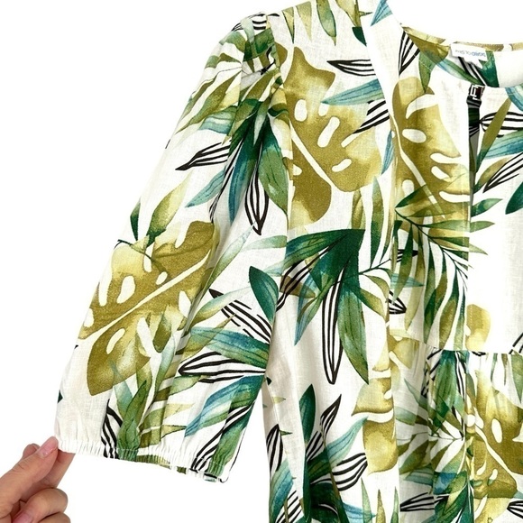 Sigrid Olsen top  with v-neck & short sleeves, loose fit, tropical, linen blend - Picture 4 of 16